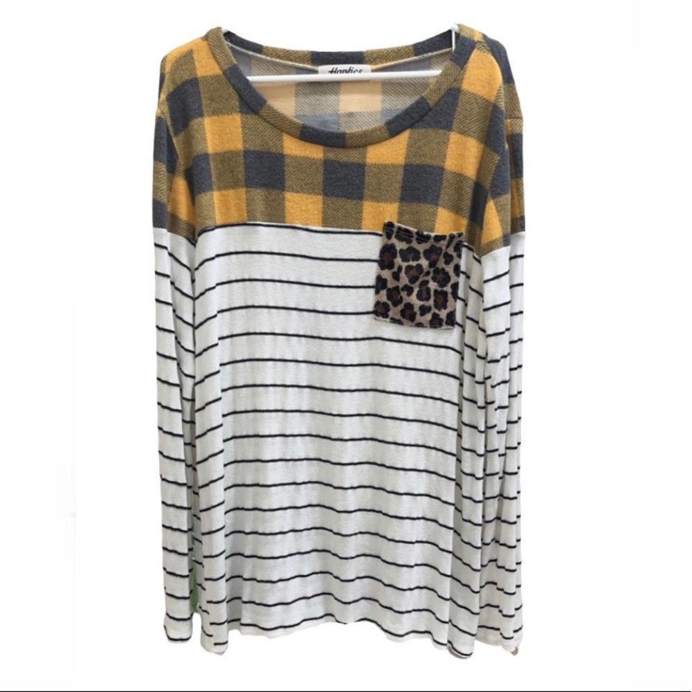 Haptics by Holly Harper mixed media soft, long-sleeve, striped and plaid shirt